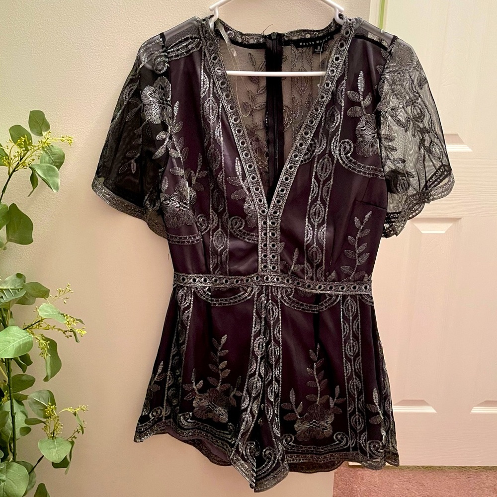 Black & Silver Embroidered Mesh Romper